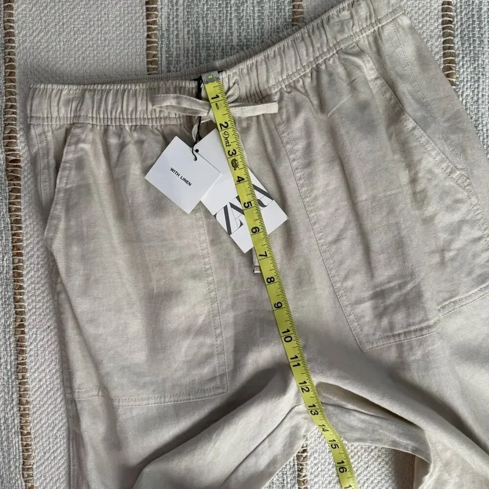 Zara Beige Oatmeal Linen Blend Tapered Leg High Rise Pants 25” Women’s Medium